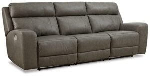 signature design by ashley roman contemporary tufted leather power reclining sofa with adjustable headrest, gray