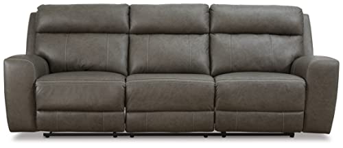 Signature Design by Ashley Roman Contemporary Tufted Leather Power Reclining Sofa with Adjustable Headrest, Gray