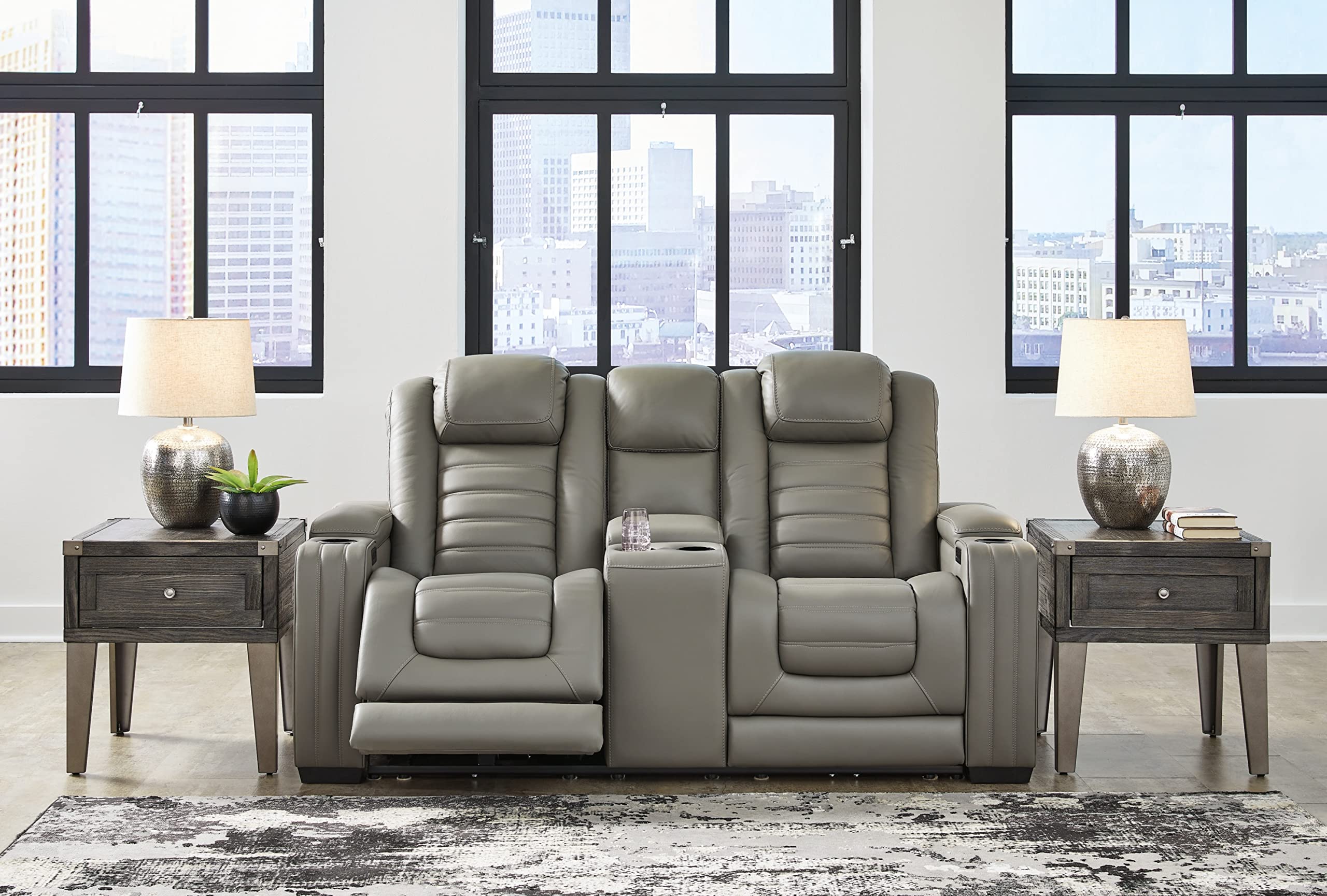 Signature Design by Ashley Backtrack Contemporary Tufted Leather Power Reclining Loveseat with Console and Adjustable Headrest, Light Gray
