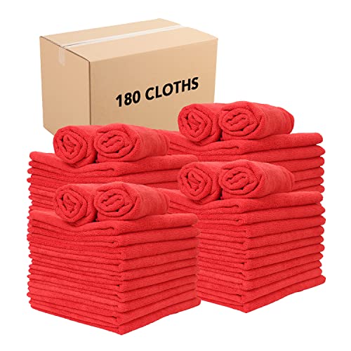 Arkwright Microfiber Glass Cleaning Cloths - (Case of 180) Quick Absorbent Drying Set of Cleaning Towels Bulk, Perfect for Cars, Kitchen, Home and Gym, 16 x 16 in, Red