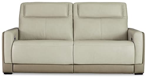 Signature Design by Ashley Battleville Contemporary Leather 2 Seat Power Reclining Sofa with Adjustable Headrest, Light Gray