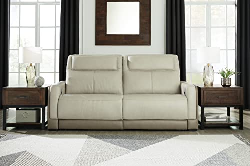 Signature Design by Ashley Battleville Contemporary Leather 2 Seat Power Reclining Sofa with Adjustable Headrest, Light Gray