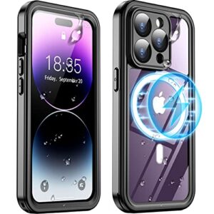 spidercase for iphone 14 pro case waterproof, built-in 9h tempered glass screen& camera lens protector [dustproof] [military dropproof][compatible for magsafe][ip68 underwater] case,black/clear