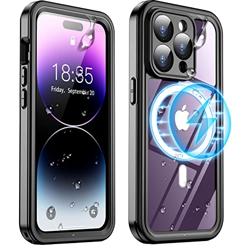 SPIDERCASE for iPhone 14 Pro Case Waterproof, Built-in 9H Tempered Glass Screen& Camera Lens Protector [Dustproof] [Military Dropproof][Compatible for Magsafe][IP68 Underwater] Case,Black/Clear