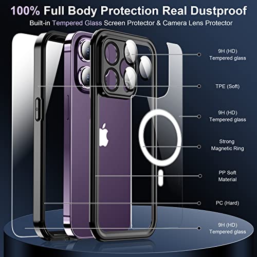 SPIDERCASE for iPhone 14 Pro Case Waterproof, Built-in 9H Tempered Glass Screen& Camera Lens Protector [Dustproof] [Military Dropproof][Compatible for Magsafe][IP68 Underwater] Case,Black/Clear