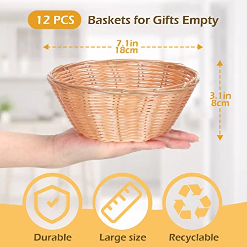 12 Pcs Woven Bread Baskets Bulk 7 Inch Plastic Round Basket Woven Small Baskets for Gifts Empty Bread Serving Baskets for Food Fruit Easter Kitchen Restaurant Centerpiece Display Christmas Vegetables