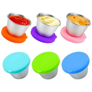 yetoome 6 pack salad dressing containers to go, 2.5 oz small condiment containers with lids, reusable stainless steel dipping sauce cups containers, leakproof silicone lids for lunch, picnic and travel