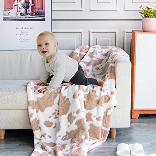 PAPER JAZZ Cartoon Cow Print Blanket, Soft Flannel Blanket Fleece Cute Cow Throw Blanket Lightweight Sofa Bed Travel Blankets for Baby Kids Adults Girls Boys Teens Gift (Khaki Cow, 63x79inch)