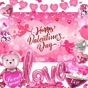 valentines decorations-valentines day backdrop for photography cupid romantic i love you balloons for bedroom,pink happy valentines day decor