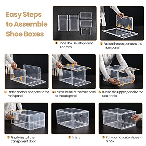 Amllas 10 Pack Clear Shoe Boxes Stackable,Shoe Storage for Closet,Sturdy Box Containers with Door,Sneaker Storage,Easy to Assemble,Fit up US Size 12(13.8”x 9.84”x 7.1”)