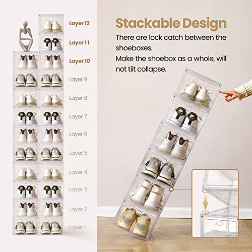 Amllas 10 Pack Clear Shoe Boxes Stackable,Shoe Storage for Closet,Sturdy Box Containers with Door,Sneaker Storage,Easy to Assemble,Fit up US Size 12(13.8”x 9.84”x 7.1”)