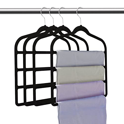 Velvet Pants Hanger Space Saving Non-Slip Pants Rack Hanger, Skirt Hangers Multiple Layers 360° Swivel Hook Velvet Clothes Hanger Closet Organizer for Jeans, Scarf and Tie, 4-Pack, Black