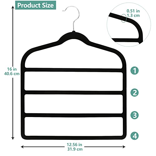 Velvet Pants Hanger Space Saving Non-Slip Pants Rack Hanger, Skirt Hangers Multiple Layers 360° Swivel Hook Velvet Clothes Hanger Closet Organizer for Jeans, Scarf and Tie, 4-Pack, Black