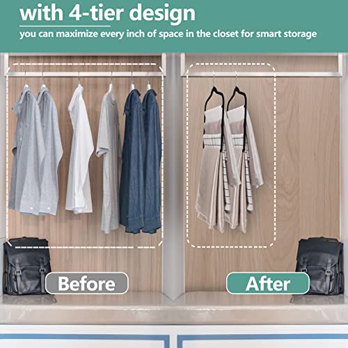 Velvet Pants Hanger Space Saving Non-Slip Pants Rack Hanger, Skirt Hangers Multiple Layers 360° Swivel Hook Velvet Clothes Hanger Closet Organizer for Jeans, Scarf and Tie, 4-Pack, Black