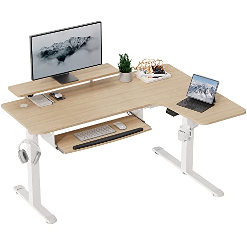 EUREKA ERGONOMIC L Shaped Standing Desk with Keyboard Tray, 61" Electric Height Adjustable Computer Desk with Monitor Stand & LED Strips, Dual Motor Sit Stand Up Corner Gaming Desk, Right/Maple