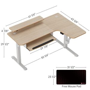 EUREKA ERGONOMIC L Shaped Standing Desk with Keyboard Tray, 61" Electric Height Adjustable Computer Desk with Monitor Stand & LED Strips, Dual Motor Sit Stand Up Corner Gaming Desk, Right/Maple