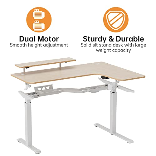 EUREKA ERGONOMIC L Shaped Standing Desk with Keyboard Tray, 61" Electric Height Adjustable Computer Desk with Monitor Stand & LED Strips, Dual Motor Sit Stand Up Corner Gaming Desk, Right/Maple