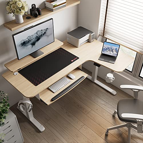 EUREKA ERGONOMIC L Shaped Standing Desk with Keyboard Tray, 61" Electric Height Adjustable Computer Desk with Monitor Stand & LED Strips, Dual Motor Sit Stand Up Corner Gaming Desk, Right/Maple