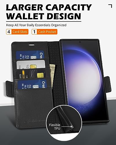 SHIELDON Wallet Case for Galaxy S23 Ultra 5G, Genuine Leather Case Kickstand RFID Blocking Credit Card Holder Shockproof Protection Magnetic Cover Compatible with Galaxy S23 Ultra 6.8" 2023 - Black