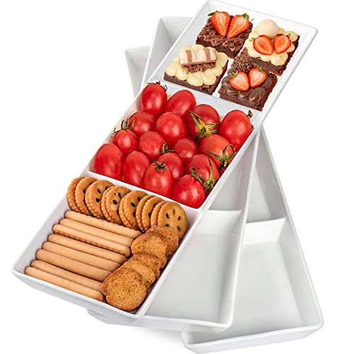 DELLING 16" x 5" Ceramic 3-Section Stackable Serving Tray, Serving Platter Set of 3, 3 Compartment Appetizer Serving Tray, White Divided Serving Dishes, Snack, Food, Dessert Platters