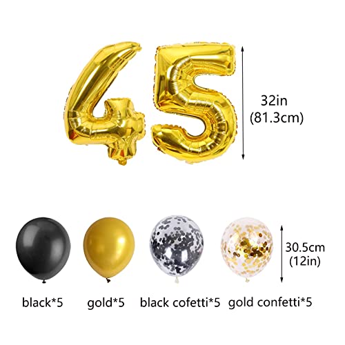 45th Birthday Decorations Black Gold for Men Women, 45th Birthday Banners Number 45 Birthday Balloons Star Foil Confetti Balloons for Cheers to 45 Years Old Birthday Party Decorations(45th)