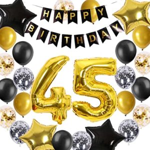 45th Birthday Decorations Black Gold for Men Women, 45th Birthday Banners Number 45 Birthday Balloons Star Foil Confetti Balloons for Cheers to 45 Years Old Birthday Party Decorations(45th)