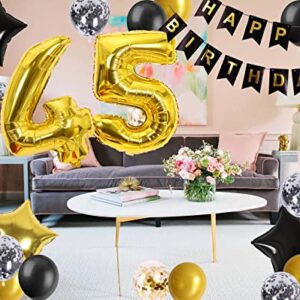 45th Birthday Decorations Black Gold for Men Women, 45th Birthday Banners Number 45 Birthday Balloons Star Foil Confetti Balloons for Cheers to 45 Years Old Birthday Party Decorations(45th)