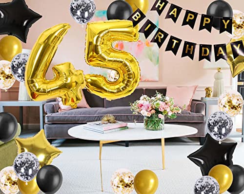 45th Birthday Decorations Black Gold for Men Women, 45th Birthday Banners Number 45 Birthday Balloons Star Foil Confetti Balloons for Cheers to 45 Years Old Birthday Party Decorations(45th)