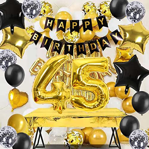 45th Birthday Decorations Black Gold for Men Women, 45th Birthday Banners Number 45 Birthday Balloons Star Foil Confetti Balloons for Cheers to 45 Years Old Birthday Party Decorations(45th)