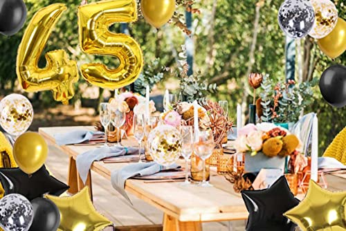 45th Birthday Decorations Black Gold for Men Women, 45th Birthday Banners Number 45 Birthday Balloons Star Foil Confetti Balloons for Cheers to 45 Years Old Birthday Party Decorations(45th)