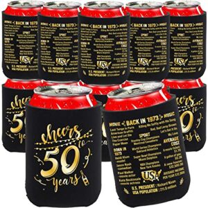 50th birthday decorations for men women happy fifty birthday party decor supplies 1973 vintage- 50 years old birthday party beverage can cooler sleeves (12 pack) black & gold turning 50 bc003