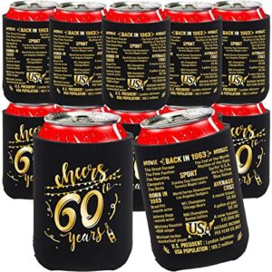 60th birthday decorations for men women happy sixty birthday party decor supplies 1963 vintage- 60 years old birthday party beverage can cooler sleeves (12 pack) black & gold turning 60 bc004