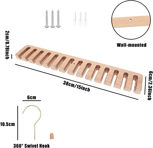 Belt Hanger for Closet, Wooden Belt Organizer for Closet, 2 in 1 Belt Rack for 14 Belts with Swivel Hook Wall Mount, Tie and Belt Holder for Closet, Door, Wall, Belt Storage, Tie Rack, Tie Hanger