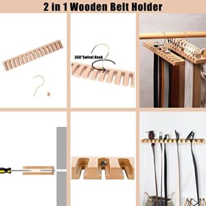 Belt Hanger for Closet, Wooden Belt Organizer for Closet, 2 in 1 Belt Rack for 14 Belts with Swivel Hook Wall Mount, Tie and Belt Holder for Closet, Door, Wall, Belt Storage, Tie Rack, Tie Hanger