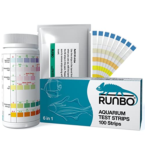 RUNBO Aquarium Test Strips 6 in1 for Fresh/Salt Water Fish Tank Aquarium, 100 Count Easy and Accurate Test Nitrate, Nitrite, General Hardness, Free Chlorine, Carbonate, Ph