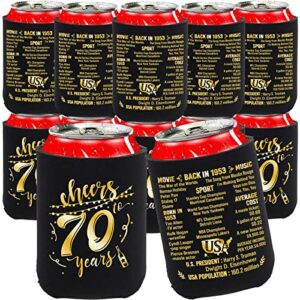 70th birthday decorations for men women happy seventy birthday party decor supplies 1953 vintage- 70 years old birthday party beverage can cooler sleeves (12 pack) black & gold turning 70 bc005