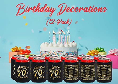 70th Birthday Decorations for Men Women Happy Seventy Birthday Party Decor Supplies 1953 Vintage- 70 Years Old Birthday Party Beverage Can Cooler Sleeves (12 Pack) Black & Gold Turning 70 BC005