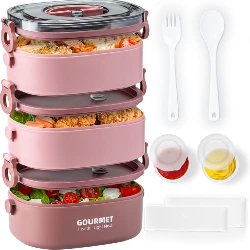 Bento Box Lunch Box, Adult Lunch Container with 3L Large Capacity, Microwave Safe 3 Layers Stackable Lunch Box, Food Container with Dividers and Sauce Boxes for Adults Pink