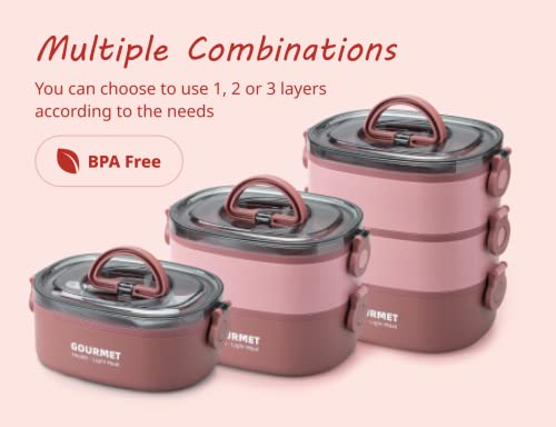 Bento Box Lunch Box, Adult Lunch Container with 3L Large Capacity, Microwave Safe 3 Layers Stackable Lunch Box, Food Container with Dividers and Sauce Boxes for Adults Pink