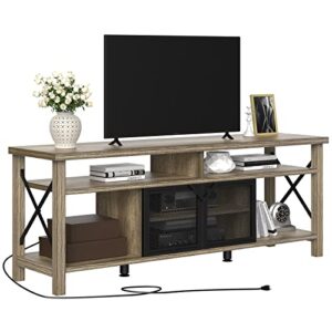 yitahome industrial tv stand for tvs up to 65 inch with power outlet, rustic farmhouse entertainment center, wood tv media console and adjustable shelves, 300 capacity, grey wash