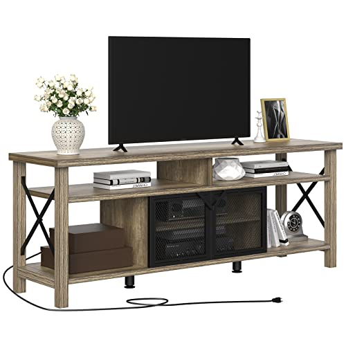 YITAHOME Industrial TV Stand for TVs up to 65 Inch with Power Outlet, Rustic Farmhouse Entertainment Center, Wood TV Media Console and Adjustable Shelves, 300 Capacity, Grey Wash