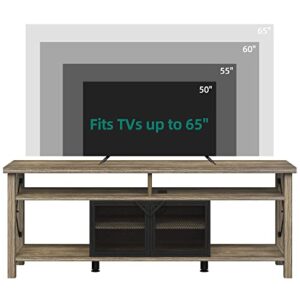 YITAHOME Industrial TV Stand for TVs up to 65 Inch with Power Outlet, Rustic Farmhouse Entertainment Center, Wood TV Media Console and Adjustable Shelves, 300 Capacity, Grey Wash