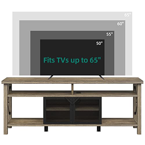 YITAHOME Industrial TV Stand for TVs up to 65 Inch with Power Outlet, Rustic Farmhouse Entertainment Center, Wood TV Media Console and Adjustable Shelves, 300 Capacity, Grey Wash