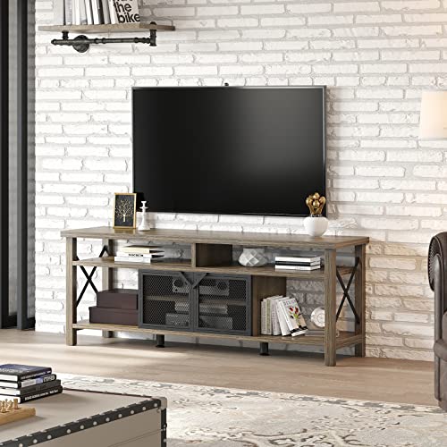 YITAHOME Industrial TV Stand for TVs up to 65 Inch with Power Outlet, Rustic Farmhouse Entertainment Center, Wood TV Media Console and Adjustable Shelves, 300 Capacity, Grey Wash