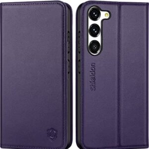 SHIELDON Wallet Case for Galaxy S23 5G 2023, Genuine Leather Folding Wallet Case with Kickstand RFID Blocking Card Slots Magnetic Shockproof Phone Cover Compatible with Galaxy S23 6.1" - Purple