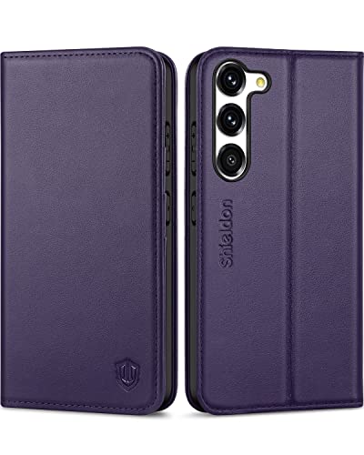 SHIELDON Wallet Case for Galaxy S23 5G 2023, Genuine Leather Folding Wallet Case with Kickstand RFID Blocking Card Slots Magnetic Shockproof Phone Cover Compatible with Galaxy S23 6.1" - Purple