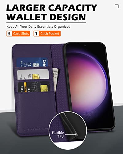 SHIELDON Wallet Case for Galaxy S23 5G 2023, Genuine Leather Folding Wallet Case with Kickstand RFID Blocking Card Slots Magnetic Shockproof Phone Cover Compatible with Galaxy S23 6.1" - Purple