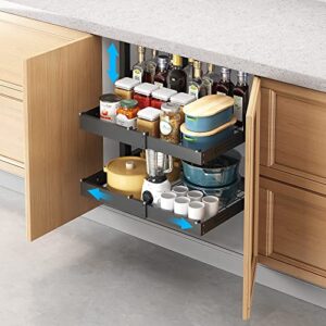 2 tier expandable pull out cabinet drawer organizer, slide out pantry shelves sliding drawer storage for home cabinet shelf, under cabinet storage, adjustable cabinet shelf organizers -24.4"x17“x37.8"