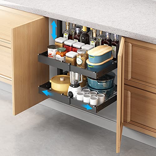 2 Tier Expandable Pull Out Cabinet Drawer Organizer, Slide Out Pantry Shelves Sliding Drawer Storage for Home Cabinet Shelf, Under Cabinet Storage, Adjustable Cabinet Shelf Organizers -24.4"x17“x37.8"