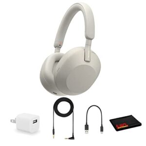 sony wh-1000xm5 noise-canceling wireless over-ear headphones (silver), 30 hours playback time, hands-free calling, alexa voice control - kit with charging cube